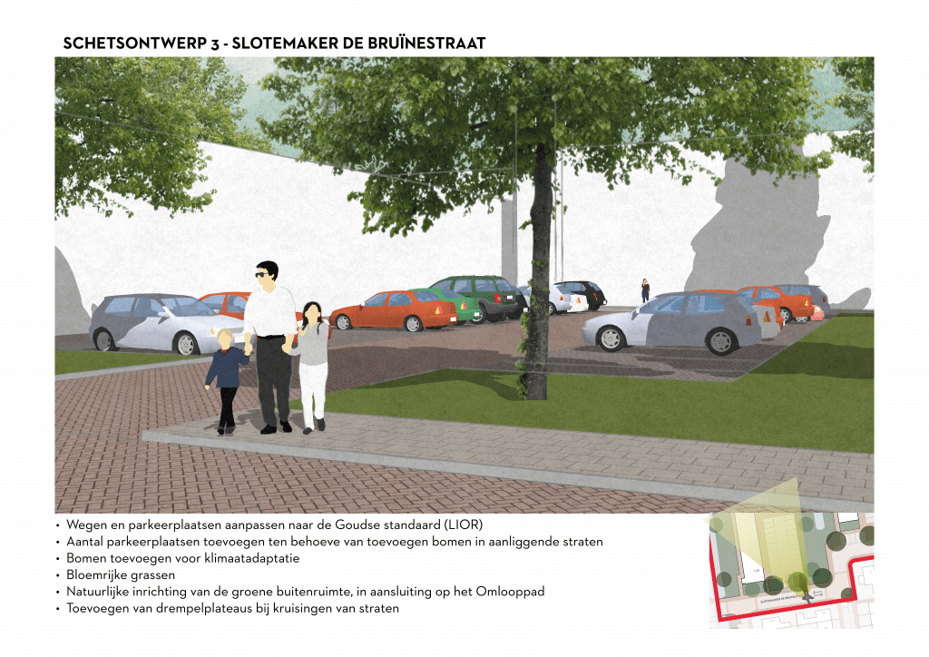 De afbeelding betreft een 3D schets van de Slotemaker de Bruïnestraat voor schetsontwerpvariant 3. Onder de afbeelding zijn de volgende aanpassingen opgesomd: • Wegen en parkeerplaatsen aanpassen naar de Goudse standaard (LIOR). • Aantal parkeerplaatsen toevoegen ten behoeve van toevoegen bomen in aanliggende straten • Bomen toevoegen voor klimaatadaptatie • Bloemrijke grassen • Natuurlijke inrichting van de groene buitenruimte, in aansluiting op het Omlooppad • Toevoegen van drempelplateaus bij kruisingen van straten