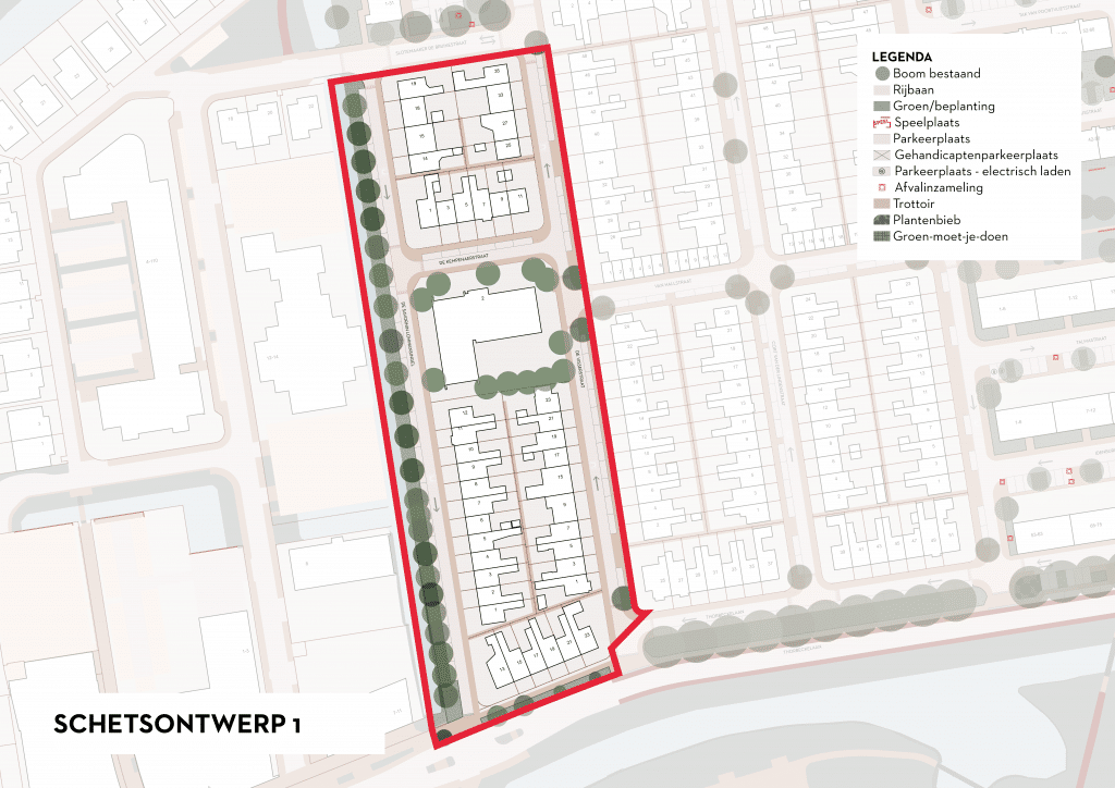 De afbeelding betreft een plattegrond van Ouwe Gouwe Noord waarin is ingezoomd op de De Savornin Lohmansingel, De Visserstraat en de Thorbeckelaan huisnummers 13 tot en met 23 (oneven). Als deze variant wordt gekozen, passen we in De Savornin Lohmansingel en de Visserstraat de wegen en parkeerplaatsen aan naar de Goudse Standaard. Ook voegen we enkele drempels toe om de snelheid laag te houden. In de Savornin Lohmansingel verwijderen we wilgen en vullen we het bomenbestand aan met nieuwe laanbomen. Aan de slootkanten brengen we een natuurlijk grasmengsel aan. Ook zorgen we bij deze variant voor het toevoegen van drempels in de straten. In de Visserstraat voegen we enkele bomen toe op de hoeken van de straten.