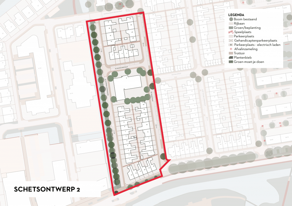 De afbeelding betreft een plattegrond van Ouwe Gouwe Noord waarin is ingezoomd de De Savornin Lohmansingel, De Visserstraat en de Thorbeckelaan huisnummers 13 tot en met 23 (oneven). In de plattegrond is een voorstel gedaan voor de herinrichting van deze straten. Het uitgangspunt is het terugbrengen van de huidige situatie en de straten weer laten voldoen aan de eisen van deze tijd, waarbij extra aandacht aan het parkeren wordt gegeven. Het aantal parkeerplaatsen wordt gehandhaafd. Er worden in deze variant enkele extra bomen geplant, waar dit niet ten koste van parkeerplaatsen gaat.