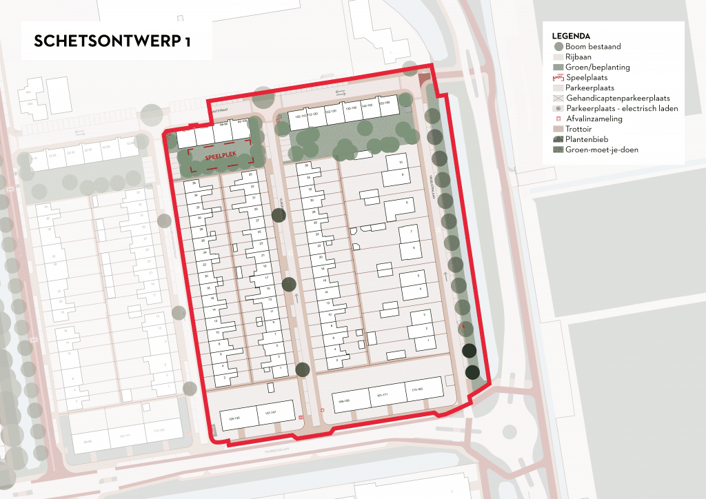De afbeelding betreft een plattegrond van Ouwe Gouwe Noord waarin is ingezoomd op de Vliegenstraat, Troelstralaan, Wibautstraat huisnummers 92 tot en met 150 (even) en Thorbeckelaan huisnummers 137 tot en met 183 (oneven). Als deze variant wordt gekozen, passen we in deze straten de wegen en parkeerplaatsen aan naar de Goudse Standaard. In de Wibautstraat vindt een herinrichting plaats als gevolg van ontwikkeling van het PWA-kazerne terrein. Er worden haakse parkeervakken aangelegd. We vergroenen de straat door het toevoegen van grote boomvakken. Ook zorgen we bij deze variant voor het toevoegen van drempelplateaus bij kruisingen van straten. De Troelstralaan wordt vergroend door middel van het toevoegen van bomen lang de singel en het herinrichten van de groenstrook tot natuurlijke oever. Ook zorgen we er bij deze variant voor bloemrijke grassen.