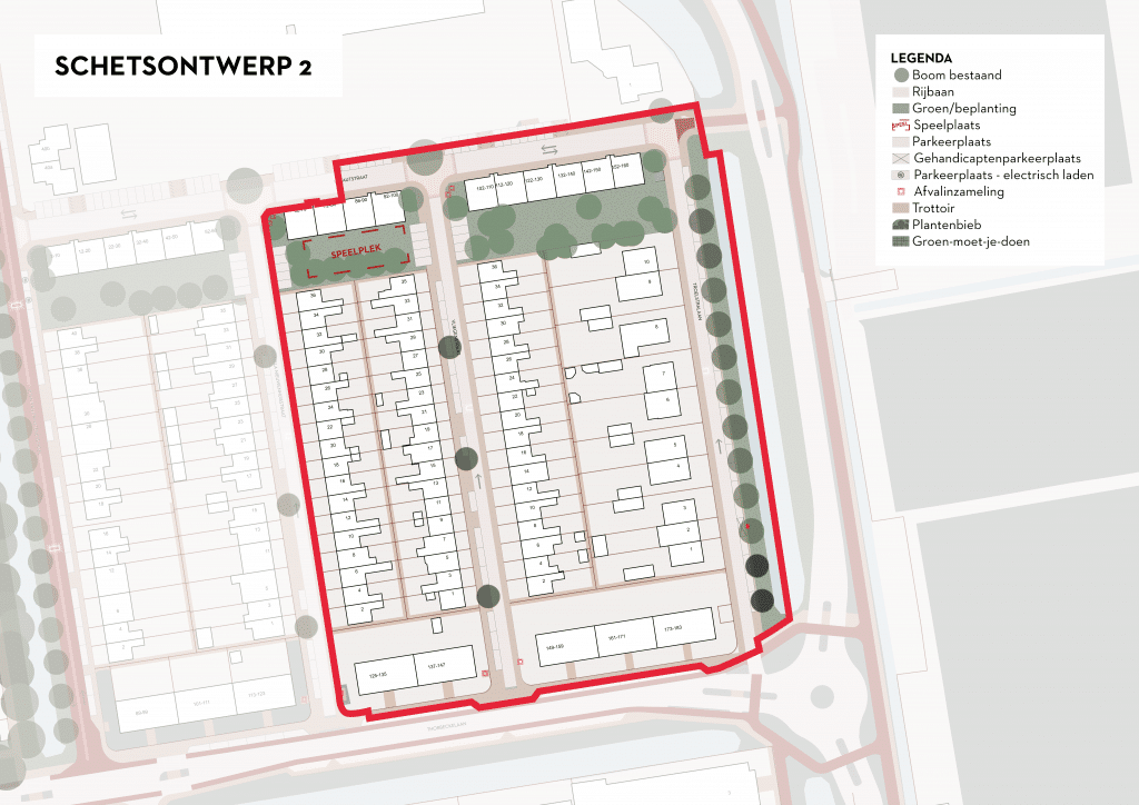 De afbeelding betreft een plattegrond van Ouwe Gouwe Noord waarin is ingezoomd op de Vliegenstraat, Troelstralaan, Wibautstraat huisnummers 92 tot en met 150 (even) en Thorbeckelaan huisnummers 137 tot en met 183 (oneven). In de plattegrond is een voorstel gedaan voor de herinrichting van deze straten. Het uitgangspunt is het terugbrengen van de huidige situatie en de straten weer laten voldoen aan de eisen van deze tijd, waarbij extra aandacht aan het parkeren wordt gegeven. Bij hoogbouw wordt fietsparkeren aangelegd. Het aantal parkeerplaatsen wordt gehandhaafd. Er worden in deze variant enkele extra bomen geplant, waar dit niet ten koste van parkeerplaatsen gaat.