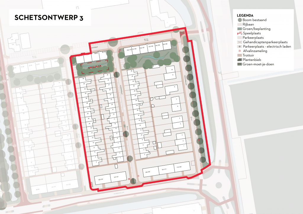 De afbeelding betreft een plattegrond van Ouwe Gouwe Noord waarin is ingezoomd op de Vliegenstraat, Troelstralaan, Wibautstraat huisnummers 92 tot en met 150 (even) en Thorbeckelaan huisnummers 137 tot en met 183 (oneven). Als deze variant wordt gekozen, passen we in deze straten de wegen en parkeerplaatsen aan naar de Goudse Standaard. In de Wibautstraat vindt een herinrichting plaats als gevolg van ontwikkeling van het PWA-kazerne terrein. Er worden haakse parkeervakken aangelegd. We vergroenen de straat door het toevoegen van grote boomvakken. Ook zorgen we bij deze variant voor het toevoegen van drempelplateaus bij kruisingen van straten. De Troelstralaan wordt vergroend door middel van het toevoegen van bomen lang de singel en het herinrichten van de groenstrook tot natuurlijke oever. Ook zorgen we er bij deze variant voor bloemrijke grassen.