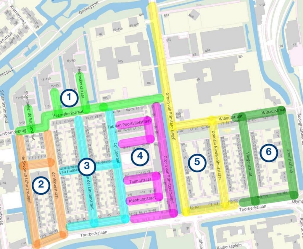 • Overzicht deelgebieden herinrichting Ouwe Gouwe Noord. • Deelgebied 1 (lichtgroen) betreft de Heemskerkstraat en de Slotemaker de Bruïnestraat. • Deelgebied 2 (oranjebruin) betreft de De Savornin Lohmansingel, De Visserstraat en de Thorbeckelaan huisnummers 13 tot en met 23 (oneven). • Deelgebied 3 (blauw) betreft de Cort van der Lindestraat, Colijnstraat, van Hallstraat en Thorbeckelaan huisnummers 25 tot en met 51 (oneven). • Deelgebied 4 (paars) betreft de Tak van Poortvlietstraat, Talmastraat, Idenburgstraat, Groen van Prinsterersingel huisnummers 1 tot en met 41 (oneven) en de Thorbeckelaan huisnummers 53 tot en met 87 (oneven). • Deelgebied 5 (geel) betreft de Groen van Prinsterersingel huisnummers 2 tot en met 40b (even), Wibautstraat huisnummers 2 tot en met 90 (even) en de Thorbeckelaan huisnummers 89 tot en met 135 (oneven). • Deelgebied 6 (donkergroen) betreft de Vliegenstraat, Troelstralaan, Wibautstraat huisnummers 92 tot en met 150 (even) en Thorbeckelaan huisnummers 137 tot en met 183 (oneven).