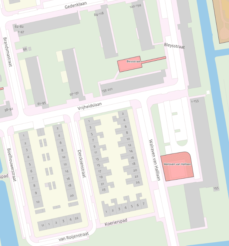 De afbeelding toont een kaartje van de plek waar de werkzaamheden aan de Walraven van Halllaan  exact worden uitgevoerd. Dit is ter hoogte van nummer 18 tot en met 24. 