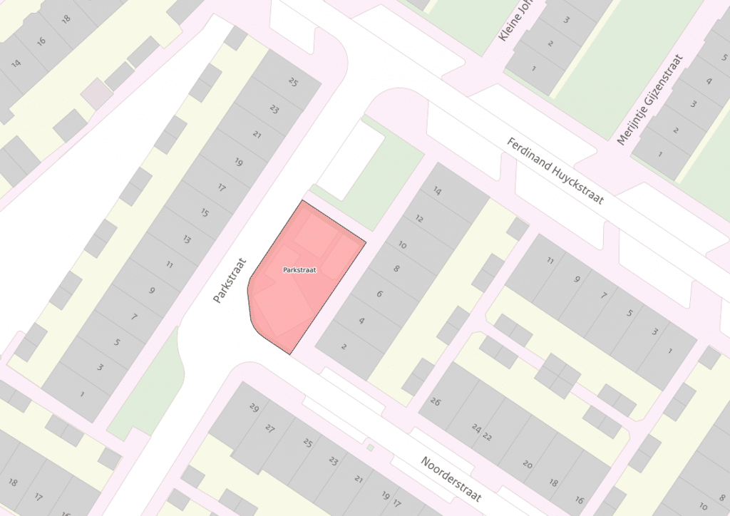 De afbeelding toont een kaartje van de plek waar de werkzaamheden aan de Parkstraat exact worden uitgevoerd. Dit is ter hoogte van nummer 2 tot en met 8.