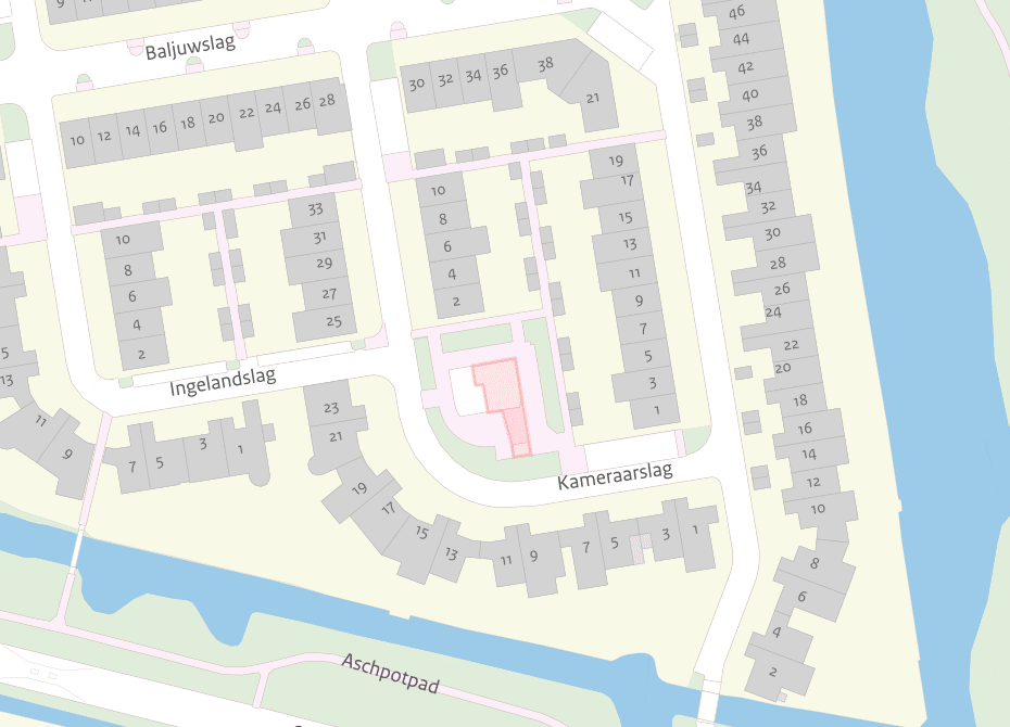 De afbeelding toont een kaartje van de plek waar de werkzaamheden aan de Kameraarslag exact worden uitgevoerd. Dit is ter hoogte van nummer 17 tot en met 23. 