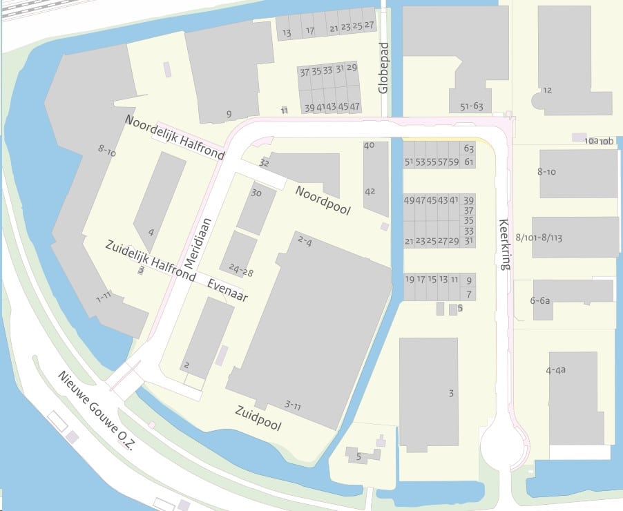 Een kaart van bedrijventerrein Gouwespoor. 