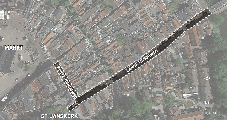 Projectgebied Korte en Lange Tiendeweg en een klein stukje Achter de kerk. Het gebied wordt begrenst door Markt, de achterzijde St. Janskerk en Doelenbrug. 