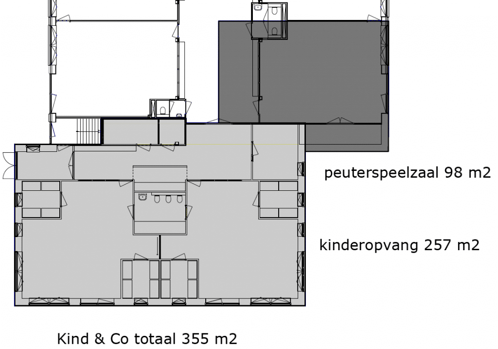 De afbeelding laat een plattegrond zien van de ruimte van de kinderopvang met 2 ruimtes voor babyopvang en 1 lokaal voor een peutergroep. In totaal ongeveer 345 m2 BVO. 
