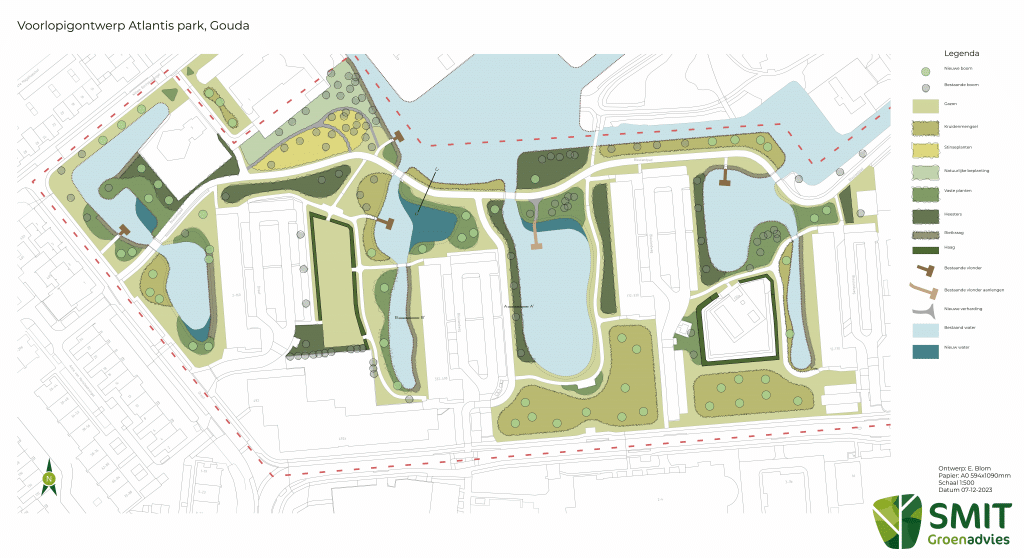 Op de afbeelding ziet u het voorlopige ontwerp van park Atlantis. Op de tekening ziet u dat we de waterpartijen worden uitgebreid en dat er nieuwe bomen worden aangeplant. Op verschillende plekken komt er een kruidenmengsel in plaats van het bestaande gazon. Ook worden heesters geplant en komen er vaste planten op verschillende plekken.