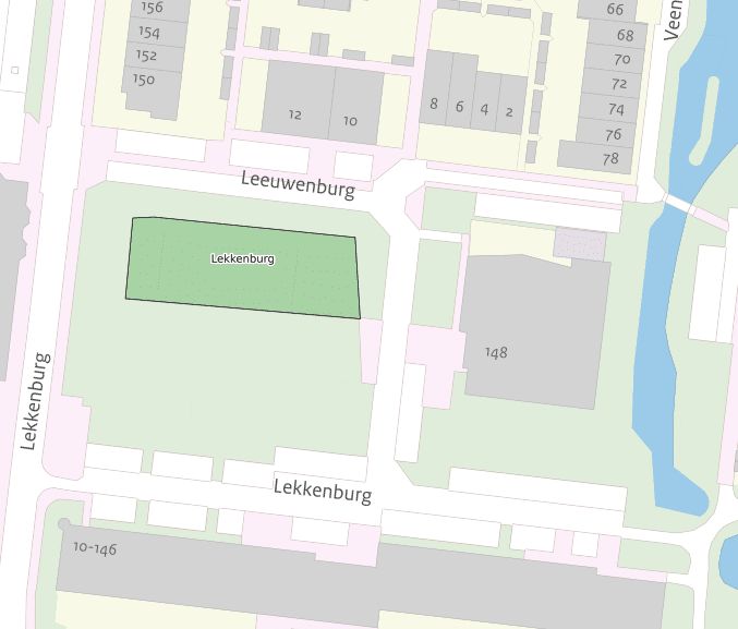 De afbeelding toont een kaartje van de plek waar de werkzaamheden aan het Lekkenburg exact worden uitgevoerd. Dit is ter hoogte van Leeuwenburg nummer 10 en 12.
