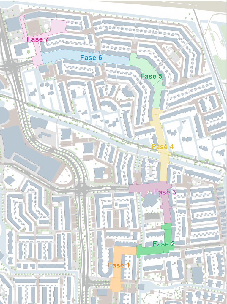 De kaart laat het projectgebied zien met daarop de 7 fases van de werkzaamheden.
