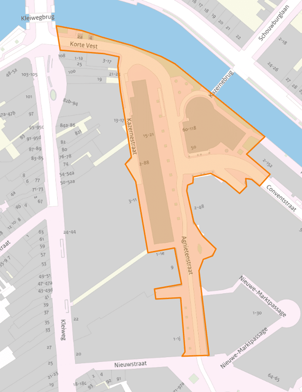 Op de kaart zijn de grenzen van het project aangegeven. De werkzaamheden zijn in de Agnietenstraat, Korte Vest, Kazernestraat en een deel van de Conventstraat tot net voorbij de parkeergarage.