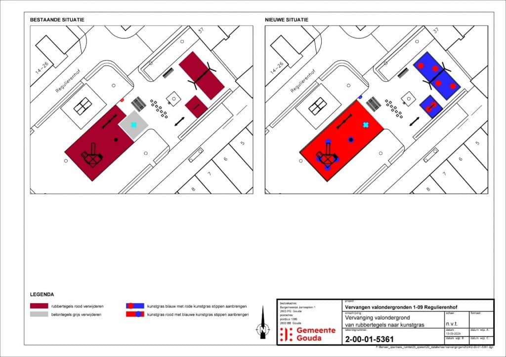 Op de tekening staat het ontwerp van de speeltuin aan de Regulierenhof aangegeven. De rubbertegels rondom alle speeltoestellen worden vervangen door kunstgras in de kleuren rood en blauw.