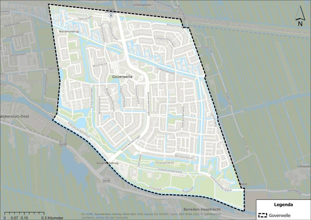 Kaart van het gebied waar het wijkmobiliteitsplan over gaat: Goverwelle. Het gebied ligt tussen het treinspoor, de sportvelden in Oost, de Hollandsche IJssel en de Willenskade die overgaat in de Stoepviertel.