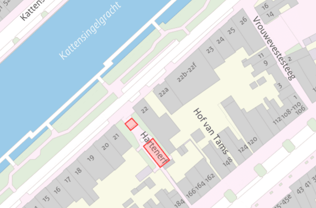 De afbeelding toont een kaartje van de plek waar de werkzaamheden bij het Hartenerf worden uitgevoerd. Dit is ter hoogte van de Nieuwenhaven bij huisnummers 166 en 184.