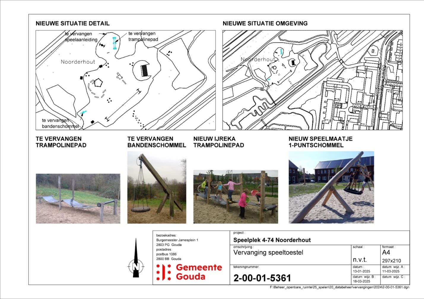 Op de tekening staan de werkzaamheden aan de speelplek in het Noorderhout. Het trampolinepad en de bandenschommel worden vervangen.