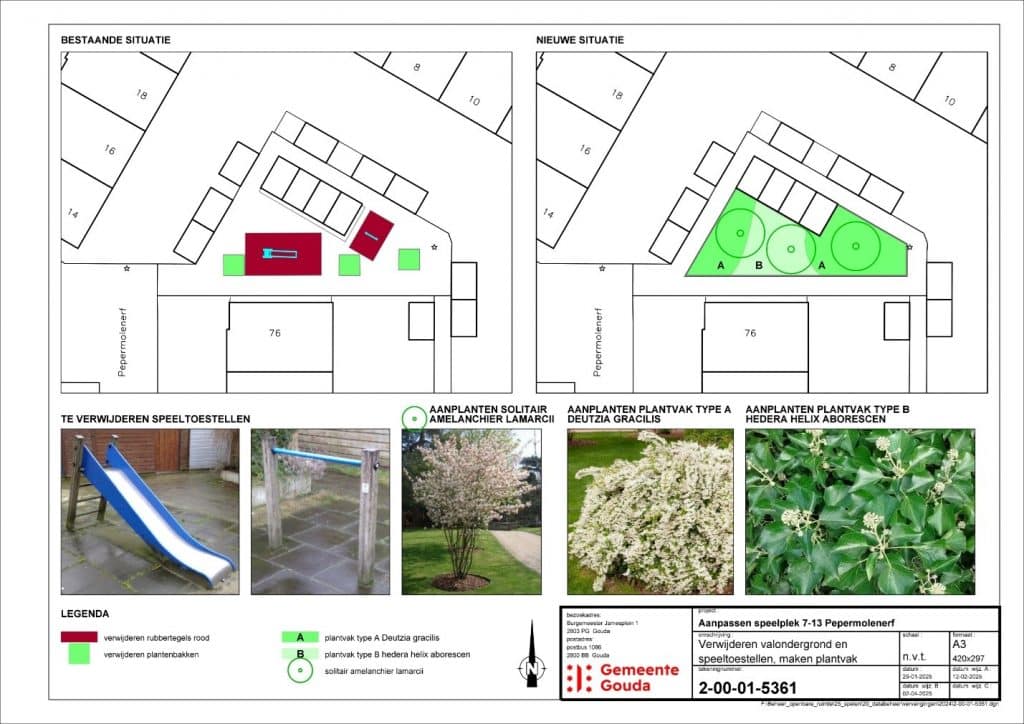 Op de tekening staan de werkzaamheden aan de speelplek bij de Pepermolenerf uitgelegd. De speeltoestellen worden weggehaald. Daarvoor in de plaats komen vakken met planten.