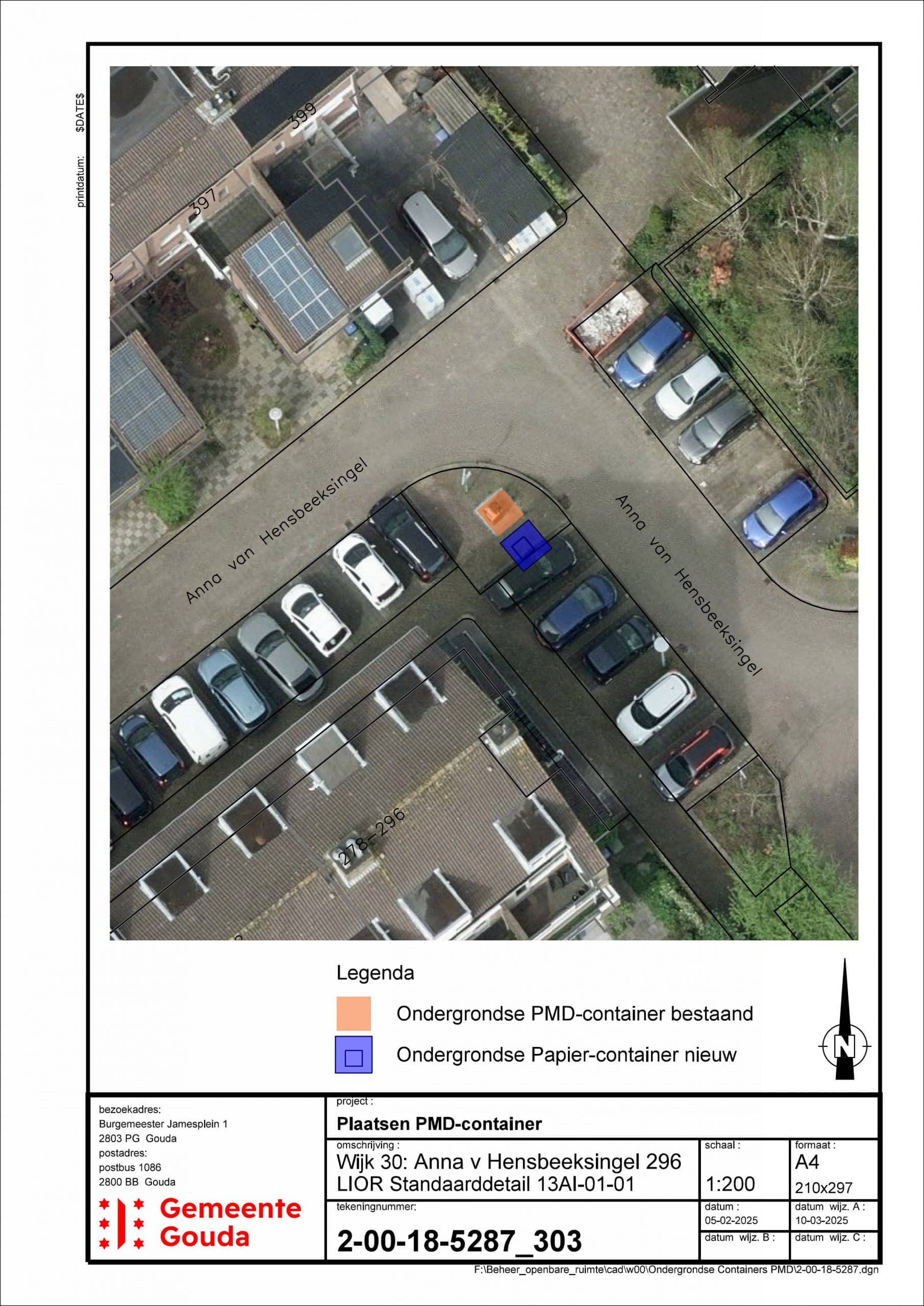 Een foto van de Anne van Hensbeeksingel, bij huisnummer 296, met daarop de beoogde containerlocatie