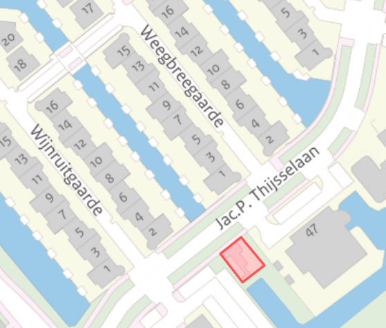 De afbeelding laat een kaartje zien van de plek waar de werkzaamheden aan de speelplek bij de Jac. P. Thijsselaan worden gedaan.