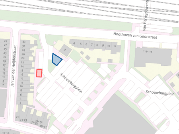 De afbeelding laat een kaartje zien van de plek waar de werkzaamheden aan de speelplek bij het Schouwburgplein worden gedaan.