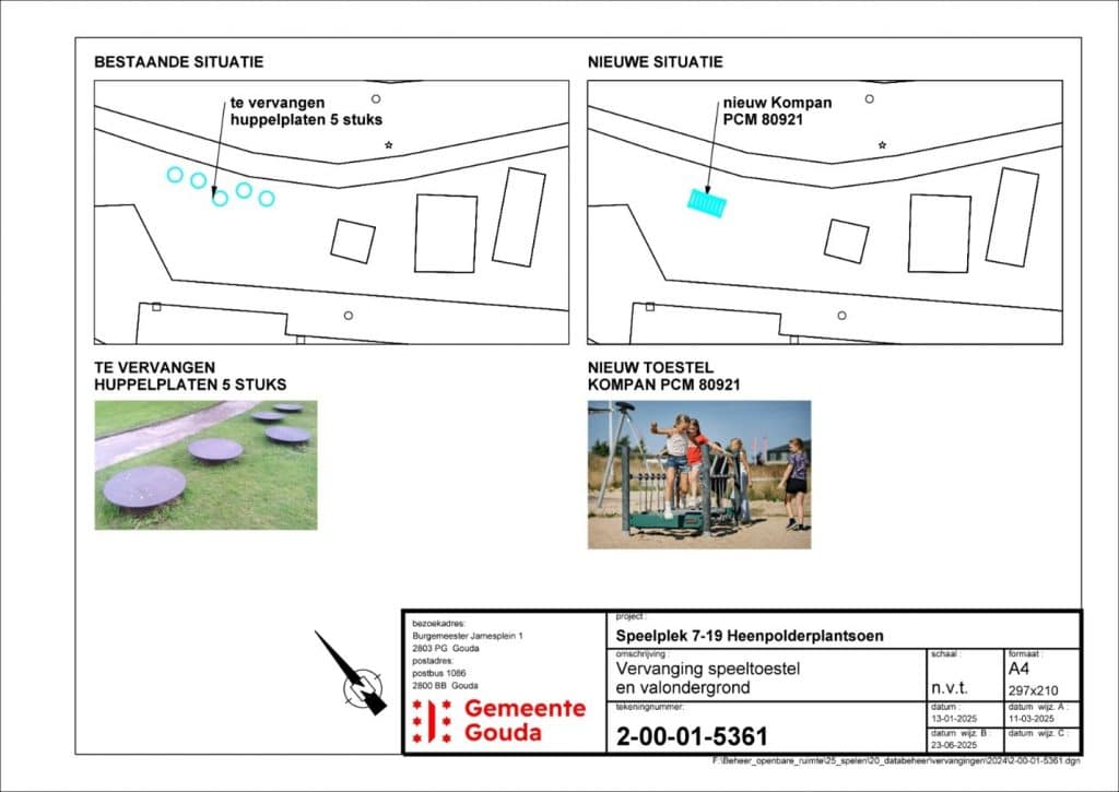 De afbeelding toont de bestaande situatie van de speelplek Heenpolderplantsoen. Vervangen worden de 5 huppelplaten. Nieuw is de kompan.