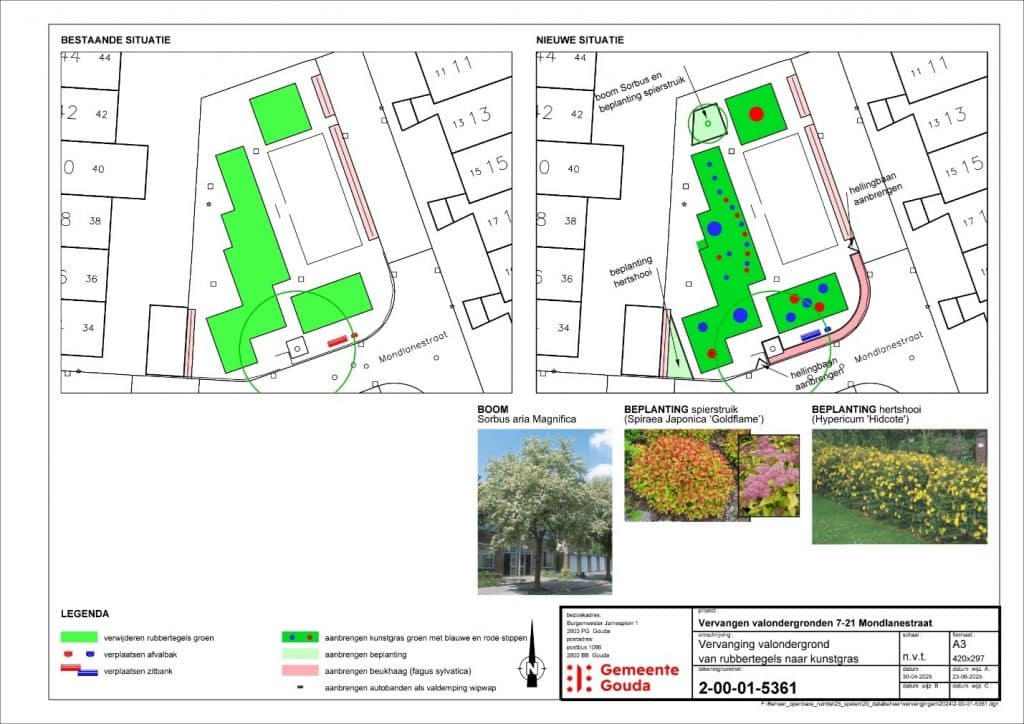 De afbeelding toont de bestaande en de nieuwe situatie. De groene rubbertegels worden vervangen voor kunstgras, de afvalbakken en de zitbank worden verplaatst en beplanting en een beukhaag worden aangebracht.