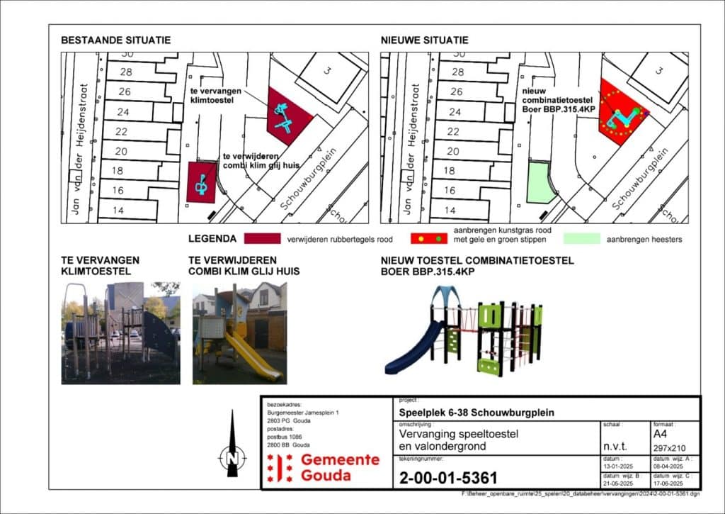 De afbeelding toont de bestaande en nieuwe situatie. Het klimtoestel en het klim glij huis worden verwijderd. Daarvoor in de plaats komt een nieuw combinatietoestel. Ook worden de rubbertegels vervangen voor kunstgras en heesters.