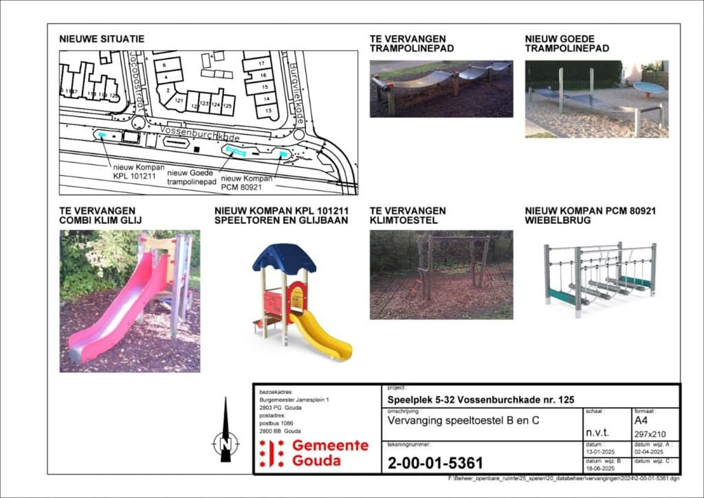 De afbeelding toont de nieuwe situatie. Het toont het oude trampolinepad en het nieuwe trampolinepad, de oude klim glij combinatie en de nieuwe speeltoren met glijbaan en het oude klimtoestel en de nieuwe wiebelbrug