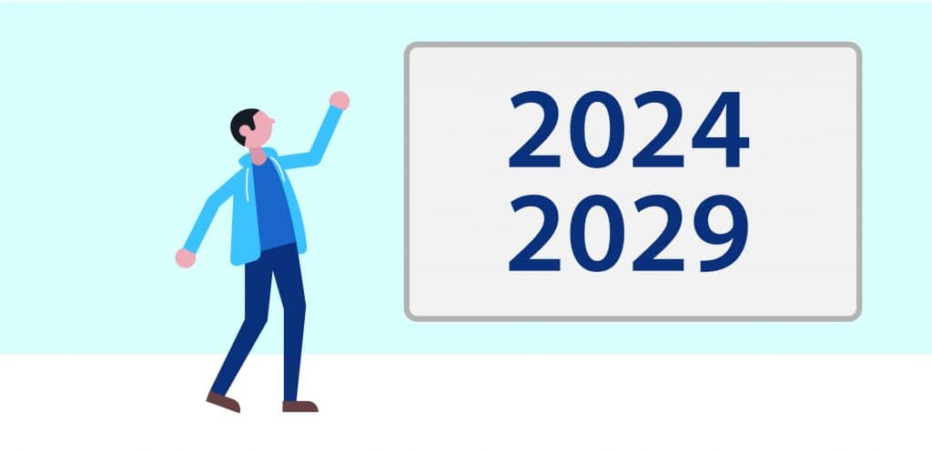 Illustratie van een man die wijst naar een bord met daarop ‘2024-2029’. 