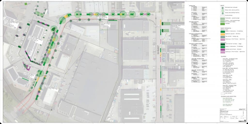 dumdaken). Grasbetontegels worden gebruikt voor parkeerplekken en pleintjes. Bestaande bomen blijven staan. Afvoerputten worden soms verplaatst om ruimte te maken voor groen. De afbeelding laat per stuk grond zien hoeveel beplanting er komt: Perceel 1865 (Keerkring): 150 m² planten Perceel 1863 (Viavesta): 3 bomen (3e orde), 4 struiken, 50–55 m² planten Perceel 1873 (Van Nieuwpoort Groep): 5 struiken, 100 m² planten Perceel 1868 (Meridiaan): 16 bomen (1e en 2e orde), 610 m² planten Perceel 1842 (Hoornbeeck College): 12 m² sedumdak, 60 m² planten, 70 m² grasbeton, 2 bomen (3e orde), 5 struiken Perceel 1973 (Plieger): 110 m² grasbeton, 20 m² planten, optioneel 2 bomen Perceel 1888 (Van Welzen Holding B.V.): 6 bomen, 5 struiken, 270 m² planten De afbeelding bevat ook symbolen voor: Bestaande bomen Nieuwe bomen in verschillende groottes Nieuwe struiken Planten in vakken Grasbetontegels Sedumdaken Afvoerputten Wortelschermen voor boomwortels De schaal van de afbeelding is 1:250.