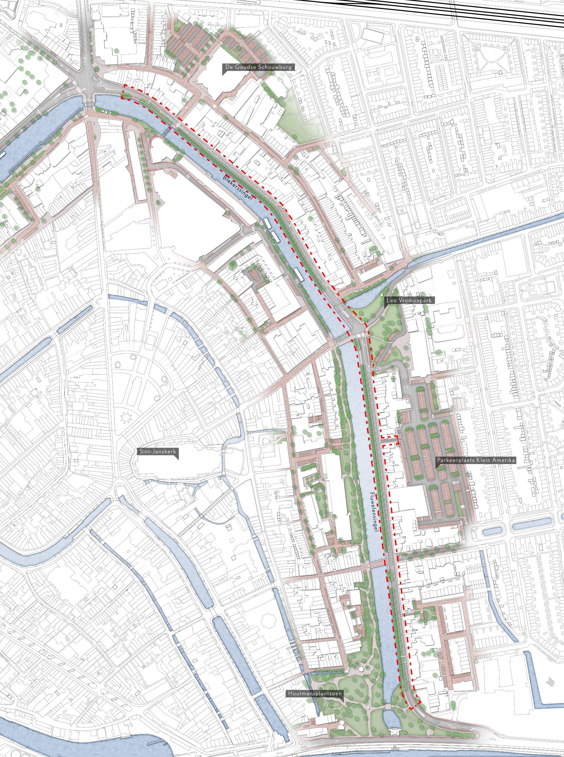 Gedetailleerde kaart van het projectgebied in de stad Gouda. Hierin is het opnieuw in te richten gebied langs de singels aangegeven met een rode stippellijn. De kaart toont het gebied vanaf de kruising bij Kleiwegplein in het noorden tot aan het Houtmansplantsoen in het zuiden. De rode stippellijn volgt de singel van noord naar zuid langs de Blekerssingel en Fluwelensingel. Belangrijke herkenningspunten op de overzichtskaart zijn: De Goudse Schouwburg, Leo Vrompark, parkeerplaats Klein Amerika, Sint-Janskerk en het Houtmansplantsoen. Aan allebei de kanten van de singel staan bestaande gebouwen, straten en het groen, in een lichtbruine en groene kleur. De watergangen zijn blauw gekleurd. De kaart toont geen ontwerp maar toont de huidige situatie.