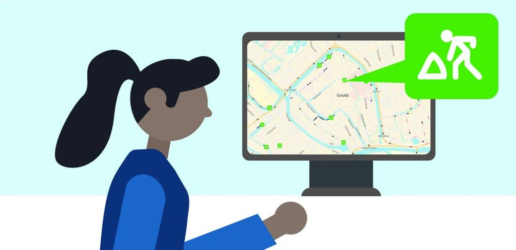 Illustratie van een vrouw die naar een beeldscherm kijkt. Op het beeldscherm staat een kaartje van de stad met een icoontje met wegwerkzaamheden.