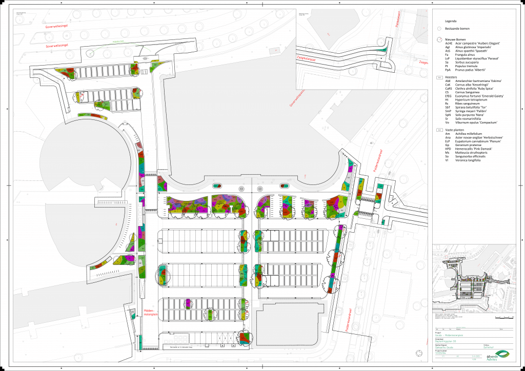 Plattegrond van het nieuwe ontwerp van het Middenmolenplein. In het ontwerp zijn bomen en struiken ingetekend die op het plein geplant worden.