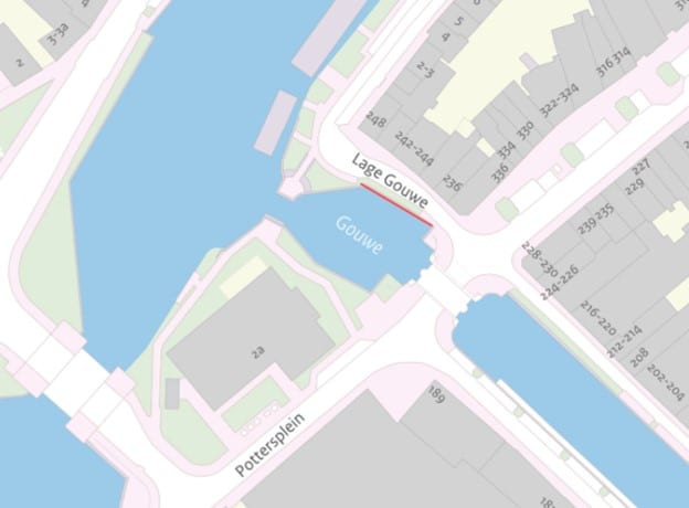 Kaart van het projectgebied. Het gaat om het gedeelte van de Lage Gouwe tussen het Regentesseplantsoen en de Nieuwehaven.