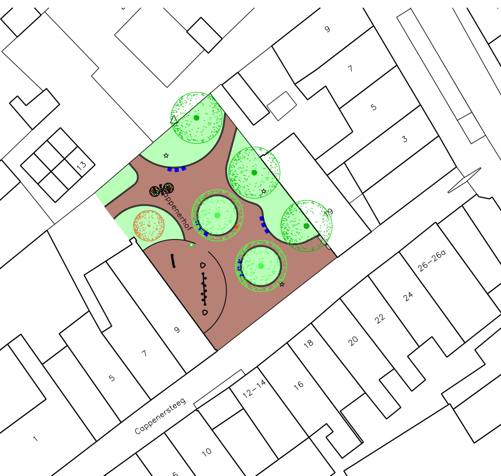 Zoals te zien is in het onderstaande ontwerp, planten we op het hofje verschillende bomen en plaatsen we plantvakken (dit zijn de groene cirkels en vlakken). De 2 bomen in het midden van het hofje zijn nieuw, terwijl de andere 3 aan de zijkant van het hofje al bestaande bomen zijn die we houden. Daarnaast plaatsen we een nieuwe heester. Dit is de beige cirkel in het ontwerp. Ook komen er 2 speeltoestellen en een hinkelbaan voor kinderen (zichtbaar als zwarte blokjes in het ontwerp). De blauwe blokken in het ontwerp zijn de zitjes.