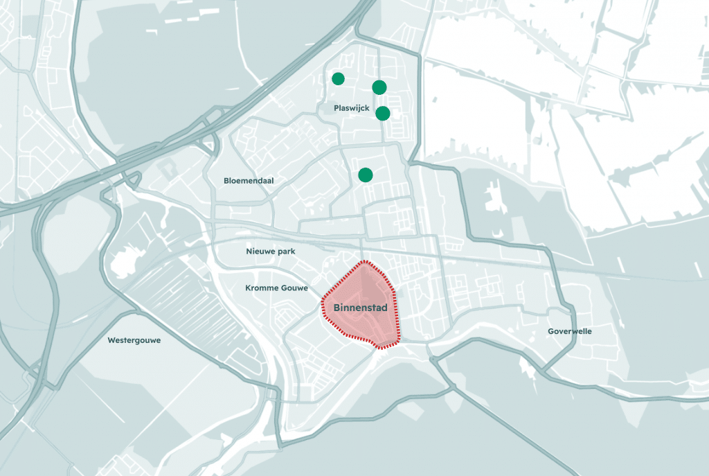 Kaartje van de stad gouda met het gebied van de binnenstad in het rood gemarkeerd.
