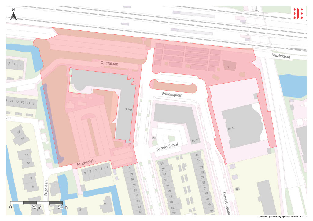 Op de afbeelding staan in het rood de gebieden in Goverwelle waar we gaan werken. De rode gebieden zijn de Operalaan, het Motetplein, het Willensplein, het stationsplein, de stoepen van de Ouverturelaan en de Symfonielaan en het 1e gedeelte van de parkeerplaatsen bij het NS Station.