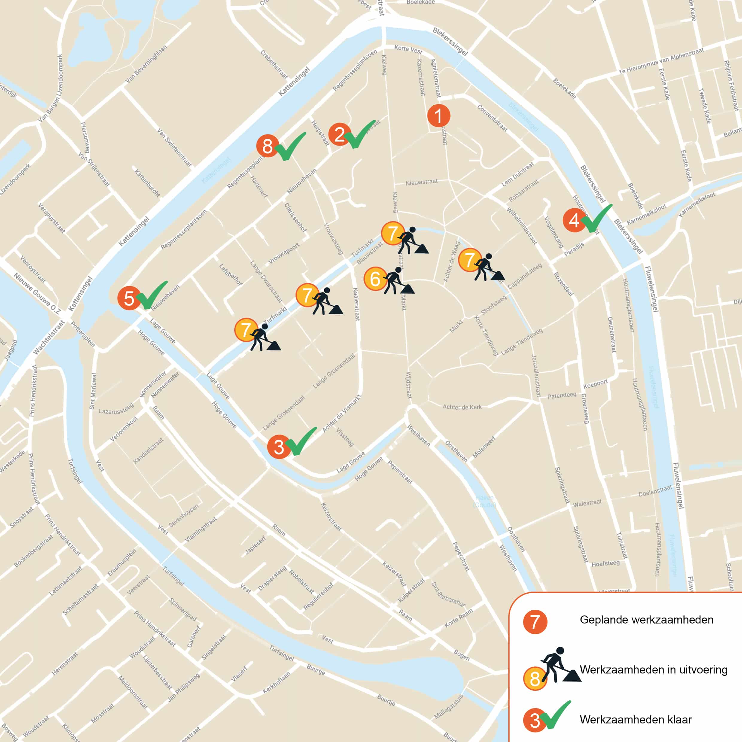 Kaart van de binnenstad van Gouda met daarop aangegeven de locaties van werkzaamheden aan de riolering. In de straten Achter de Vismarkt/Lage Gouwe, Herpstraat, Regentesseplantsoen en de Paradijs/Wilhelminastraat zijn de werkzaamheden klaar. De werkzaamheden in de Agnietenstraat zijn in voorbereiding en de werkzaamheden op de Turfmarkt en de Korte en Lange Zeugwater zijn in uitvoering.