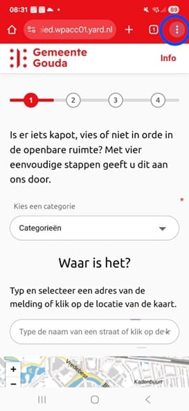Stap 2 voor een Android telefoon of tablet: klik op de 3 puntjes rechtsboven in de browser.