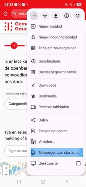 Stap 3 voor een Android telefoon of tablet: Klik op ‘Toevoegen aan startscherm’