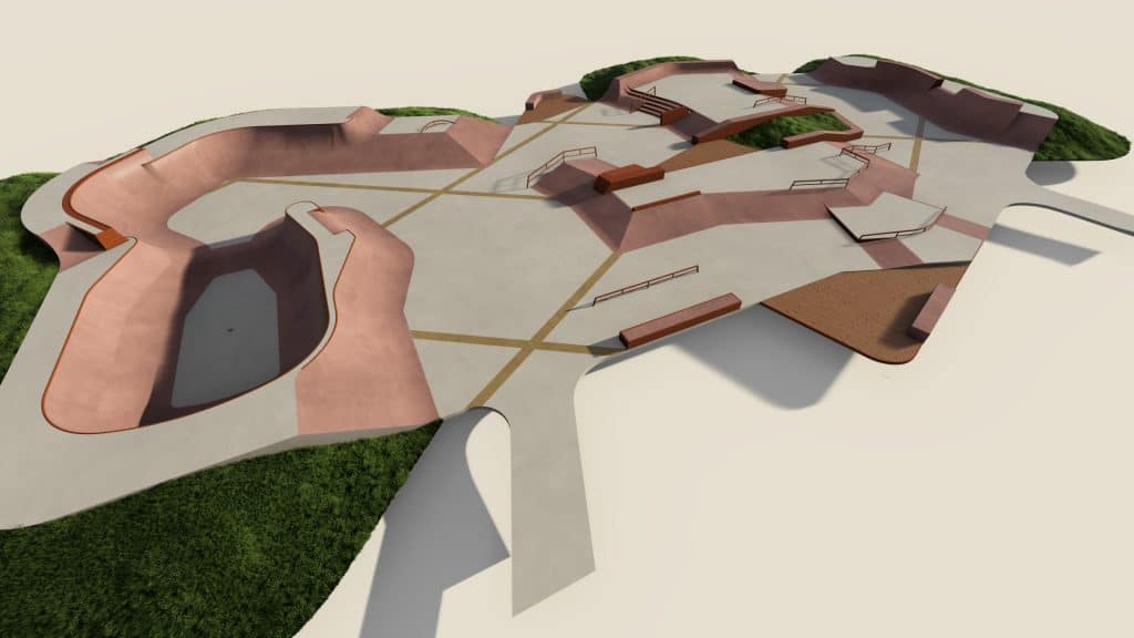 Een artist impression van hoe het vernieuwde skatepark er uit komt te zien. In de afbeelding zijn verschillende onderdelen van het park zichtbaar: een kuil, trappetjes, blokken en groene grasvelden.