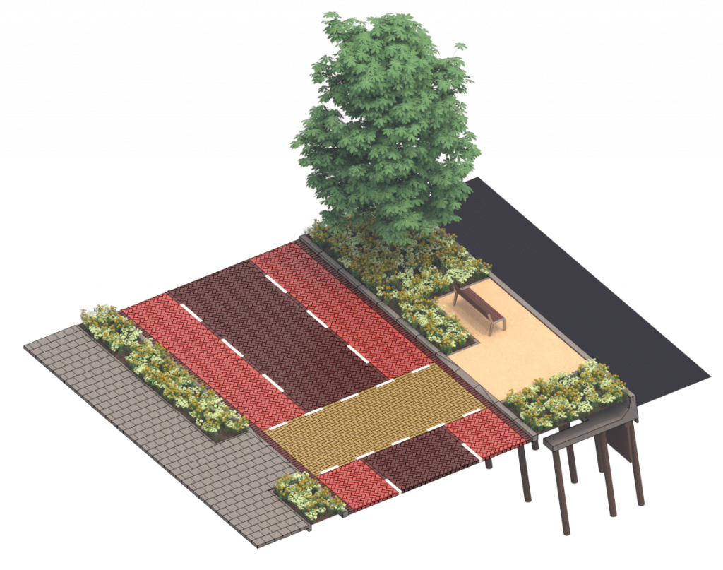 Een vogelvlucht doorsnede van het nieuwe ontwerp van de singels. Van links naar rechts: een brede stoep. Tussen de stoep en de rijbaan ligt een groenstrook met kleurrijke planten. De weg wordt van klinkers gemaakt en heeft aparte fietsstroken. De weg wordt op een aantal plekken onderbroken met gele attentievlakken om de snelheid te remmen. Dit zijn ook oversteekplaatsen naar verblijfsplekken met een bankje aan de waterkant. Langs het water staan de bestaande bomen die gehandhaafd blijven.