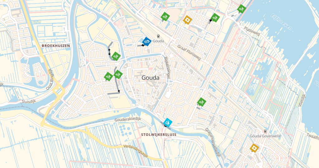 Kaartje van gouda met voorbeelden van werkzaamheden. Waar de werkzaamheden zijn, wordt in het voorbeeld met iconen aangegeven.