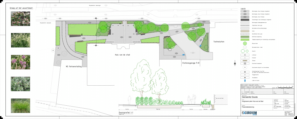 Op de afbeelding is het Burgemeester Jamesplein te zien. Het ontwerp is van bovenaf bekeken. We beschrijven het ontwerp van links, dit is de zijde van het station, naar rechts, dat is de zijde van Technolution. 
Aan de linkerzijde van het plein wordt een beplantingsvak ter hoogte van het toekomstige hotel aangelegd. Dit volgt de contour van het toekomstige hotel. De kunstwerken Labyrint en Sterrenhemel worden naar deze zijde verplaatst en begeleiden de voetgangers richting de ingang van het Huis van de Stad. De bestaande bomen worden aan deze zijde voorlopig niet gekapt. De fietsers worden vanaf de Burgemeester Jamessingel naar de NS fietsenstalling begeleid. De fietsers worden met een suggestiestrook begeleid. Aan de rechterzijde van de fietssuggestiestrook zijn 2 grote groenvakken. Hieraan komen 2 zitranden. Deze groenvakken worden aangeplant met tijdelijke beplanting in verband met de toekomstige bouw van het hotel en werkzaamheden aan het Huis van de stad. De tijdelijke beplanting blijft vooral groen. 

Centraal op het Burgemeester Jamesplein staat de vlaggenmasten en blindegeleide lijn. Deze blijven beiden op dezelfde locatie. Rondom het plein worden er zitranden aangelegd. Ook komt er een herdenkingssokkel voor Toon Pille aan de rand van het plein. Rondom het centrale plein met de vlaggenmasten worden bomen en heesters toegepast dit is tijdelijke beplanting. Er is hierbij rekening gehouden met de ondergrond en biodiversiteit. Het kunstwerk met het kaasmeisje wordt aan de rechterzijde van het plein geplaatst. Tegen de gevel van het huis van de stad komen aan beiden zijden fietsnietjes om fietsparkeren voor bezoekers van huis van de stad te faciliteren. Rechts van het huis van de stad komen ook bomen, heesters en beplanting. Er wordt met bestrating aangegeven waar men mag laden en lossen.   Aan de zijde van Technolution komen ook groenvakken met bomen, heesters en beplanting. Ook hier is een laad en los plek. Van links naar rechts loopt een asymetrische loopstrook voor voetgangers. 

In de legenda worden de locaties van de bestaande en nieuwe bomen aangegeven, plekken van heesters, lichtmasten, kunstwerken, fietsnietjes, legverbanden van de bestrating, blinde geleidetegels, grind rondom het huis van de stad, definitieve en tijdelijke beplantingslocaties, vlaggenmasten, afvalbakken en laden en lossen bordjes