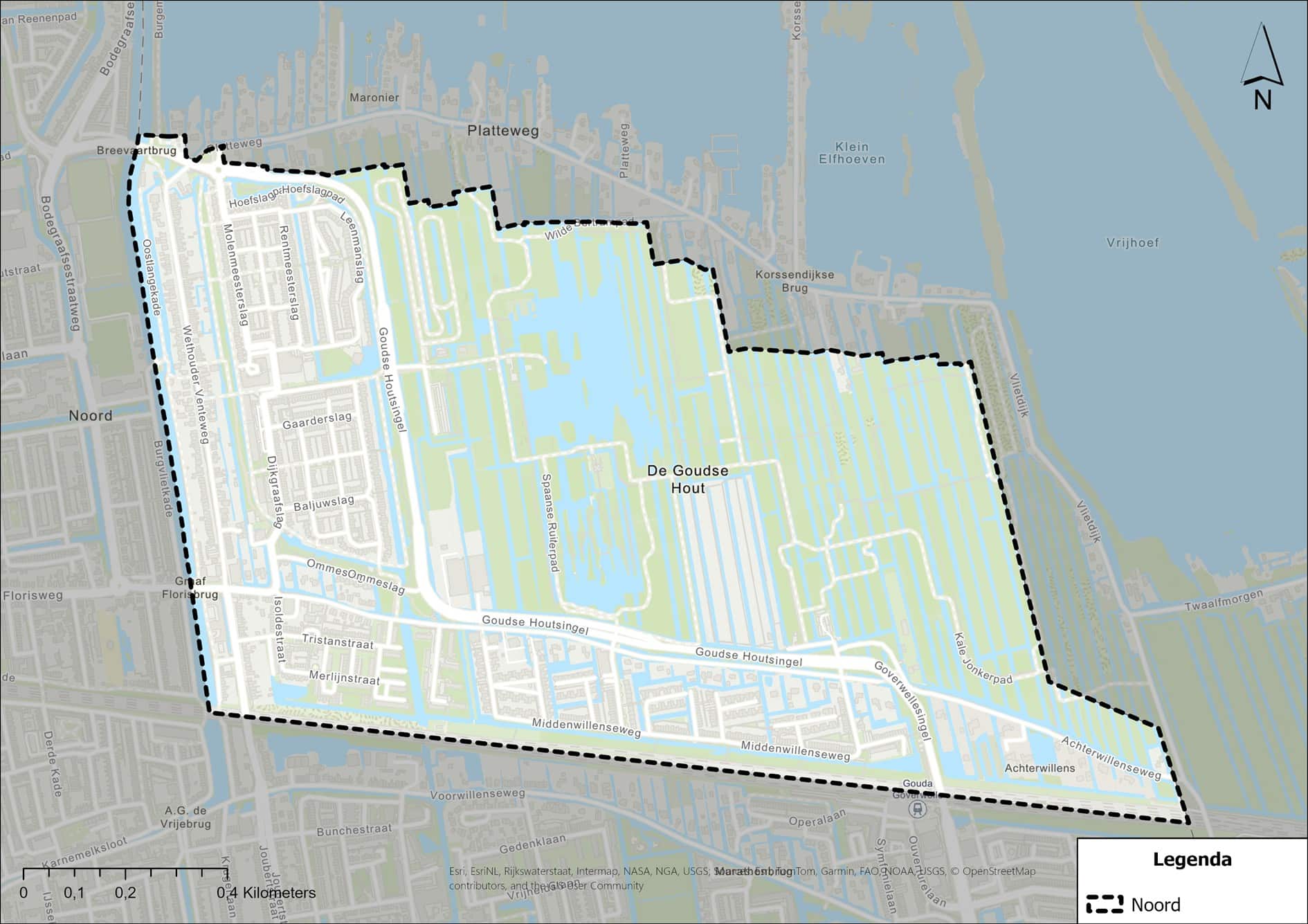 Dit is een kaartje van de wijk Noord. Het gebied ligt tussen het treinspoor, de Reeuwijkse Plassen en de Breevaart. Het kaartje hieronder laat het gebied zien.