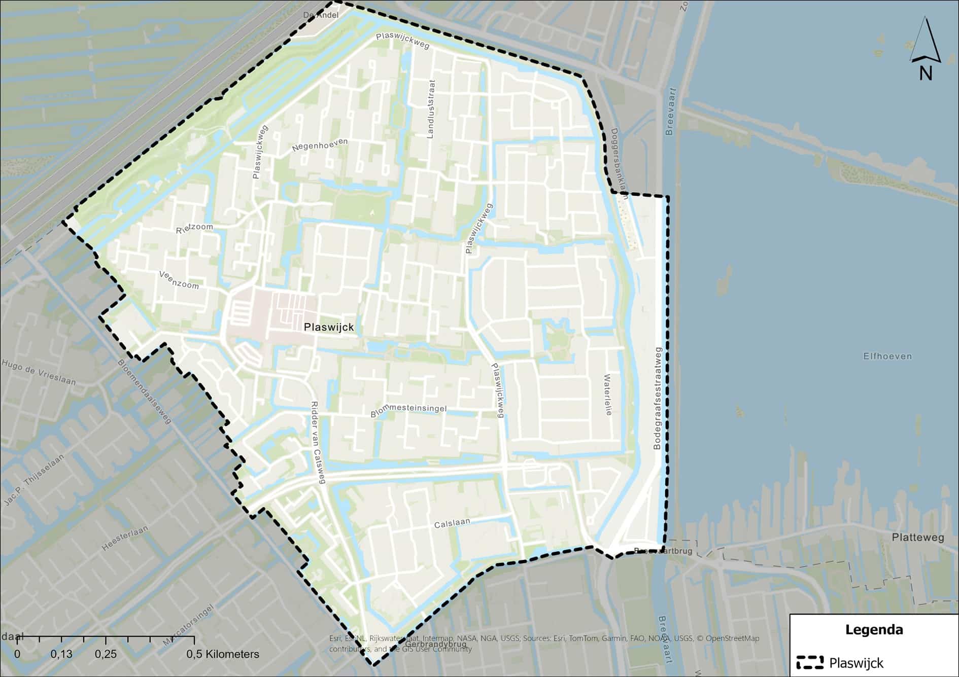 Kaartje van de wijk Plaswijck. Dit gebied ligt tussen de Reeuwijkse Plassen, het Omlooppad, de Bloemendaalseweg, Noorderhout en de Omloopkade.