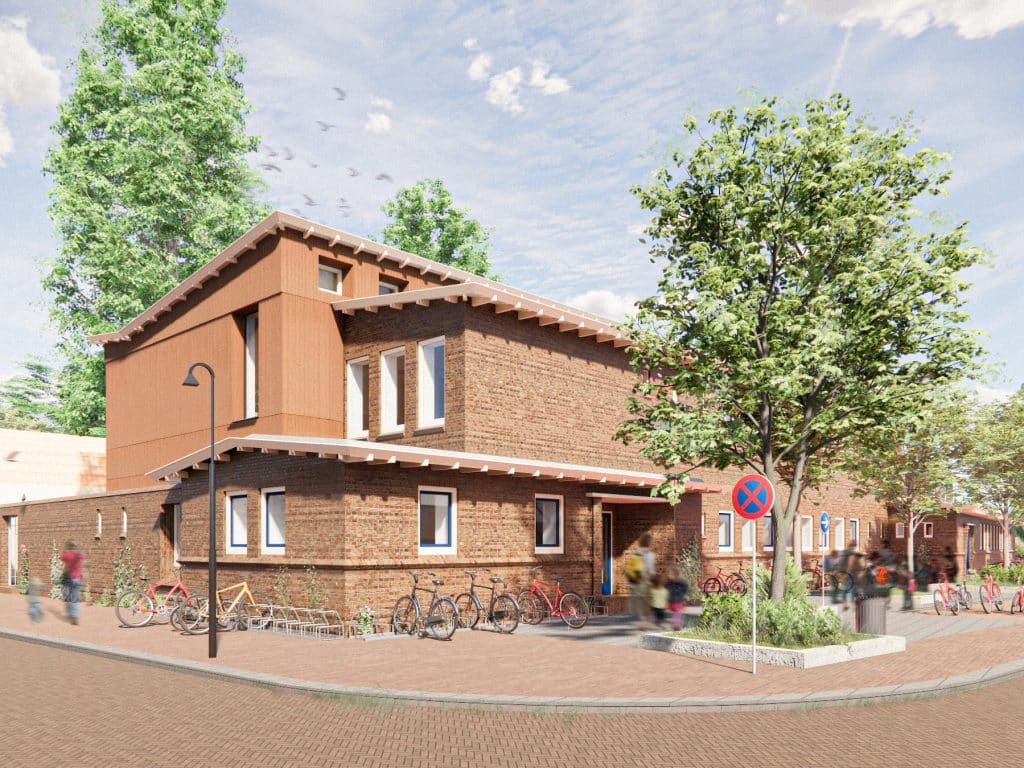 Het ontwerp van de vernieuwde Casimirschool met aan de buitenkant de plek waar kinderen hun fiets kunnen plaatsen.