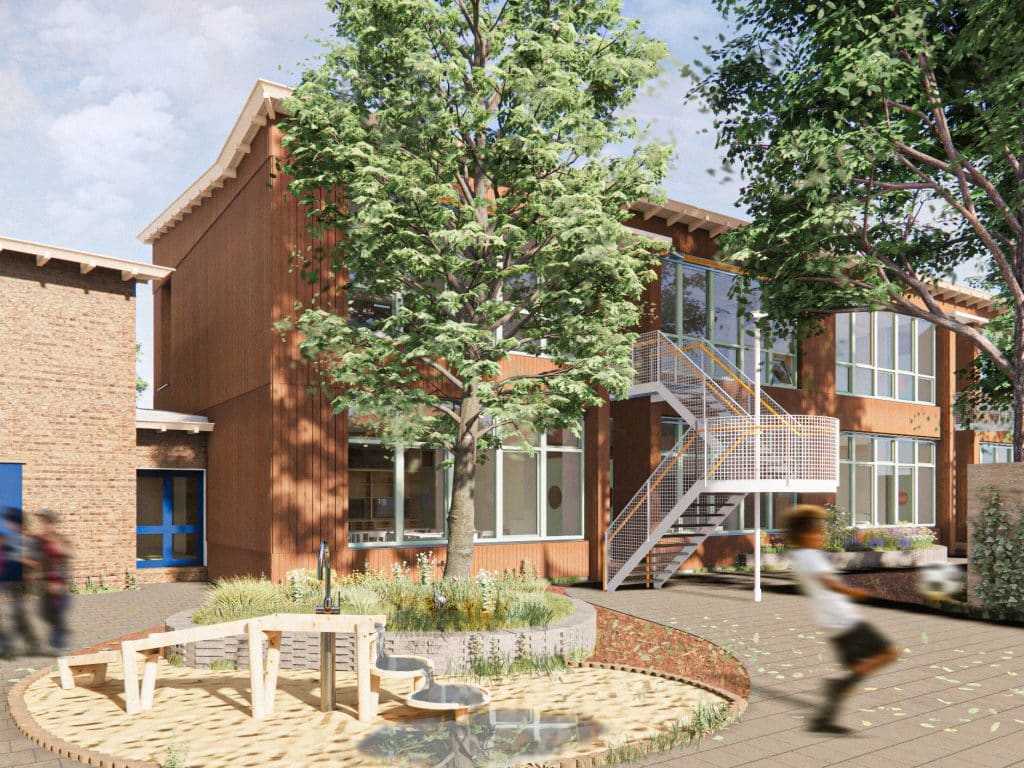 Ontwerp van de vernieuwde speelplaats van de Casimirschool., met een grote boom en zandspeelplek.