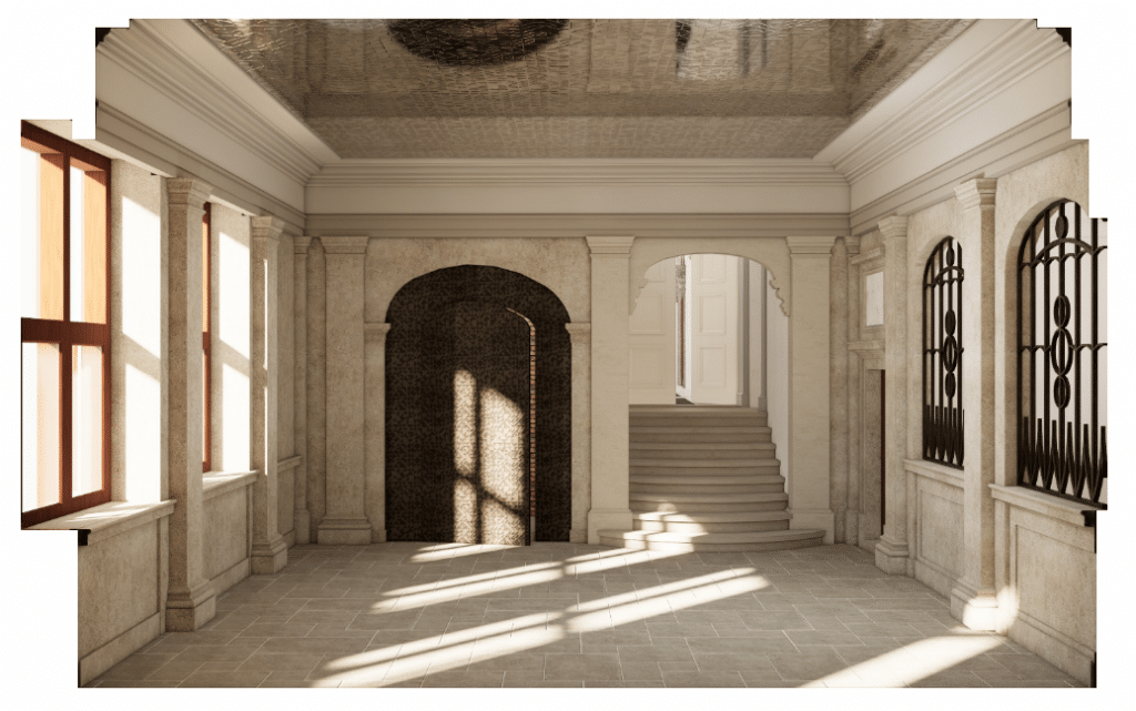 Dit is een illustratie van het benedenplein. Op de illustratie is een lichte ruimte van steen te zien met mooie oude elementen zoals gietijzeren luiken voor de ramen en afgeronde deuren.